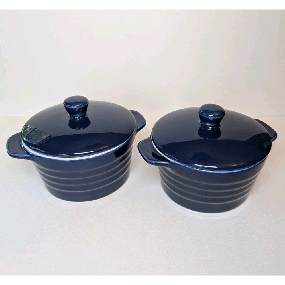 SUR LA TABLE Set of 2 Mini Stoneware COCOTTES Casserole Bakeware with Lids BLUE